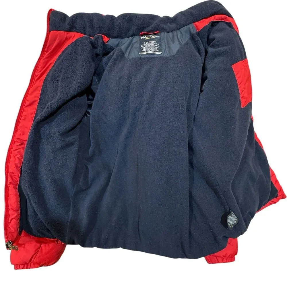 Nautica Kids Puffer Jacket Hooded Winter Coat Red Blue‎ Size L 12/14 Spell Out